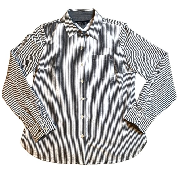 TOMMY HILFIGER Blue Chambray Stripe Button Down Too Shirt Small Spring July 4th - Picture 1 of 5